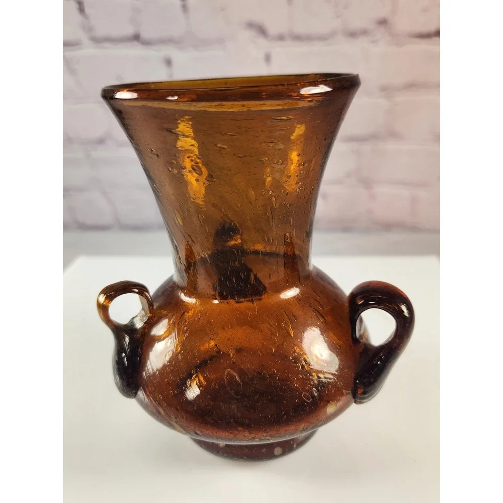Vintage Hand Blown Triple Handle Vase Brown Color Blenko?
